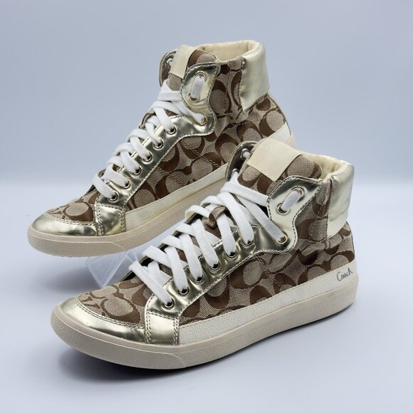 Coach Women's 8 Gold Signature C Logo Monogram High Top Canvas Sneakers - Picture 3 of 13